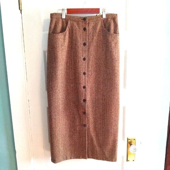 J. Crew Dresses & Skirts - VTG 90s JCrew button-down Herringbone wool brown tweed skirt - m